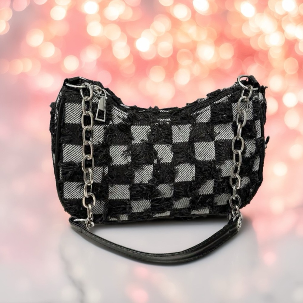 Checkerboard Chain Shoulder Bag - Black & Gray